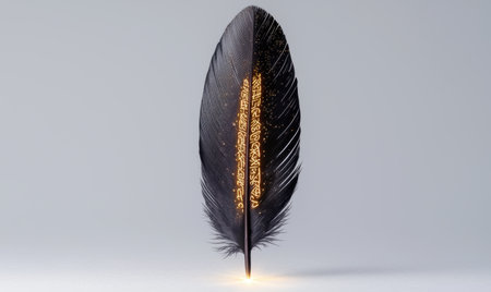 Close-up of a black feather with golden writingの素材
