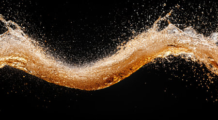 Splashing golden liquid against black backgroundの素材