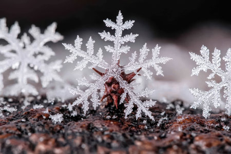Intricate snowflake crystal on winter surfaceの素材