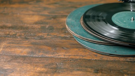 Vintage vinyl records on wooden tableの素材