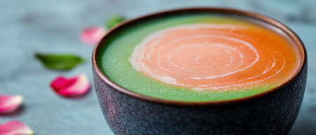 Vibrant smoothie bowl with swirls of green and orangeの素材