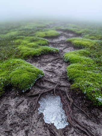 Mossy forest path with ice crystalsの素材
