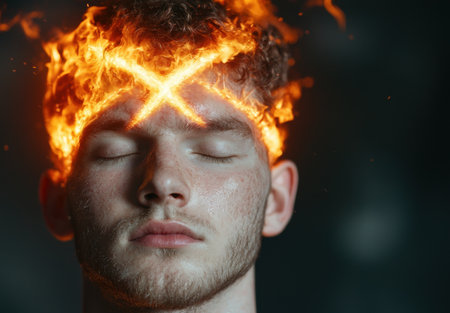 Intense flames engulf man's headの素材
