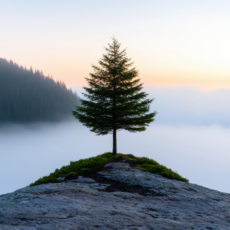 Lone pine tree on rocky outcrop overlooking misty lakeの素材