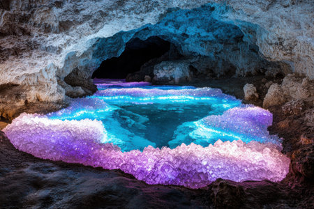 Stunning underground cave with glowing blue and purple crystal formationsの素材