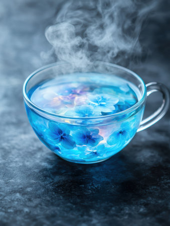 Steaming cup of blue floral teaの素材