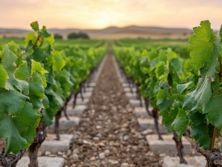 Scenic vineyard landscape with winding path at sunsetの素材