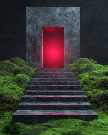 Mysterious glowing red portal in lush green moss-covered landscapeの素材