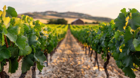 Scenic vineyard landscape with winding path and distant mountainsの素材