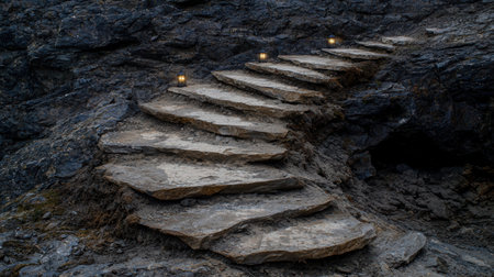Illuminated stone steps leading up a dark rocky cliffの素材