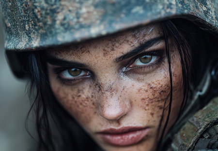 Intense gaze of a woman with freckled faceの素材