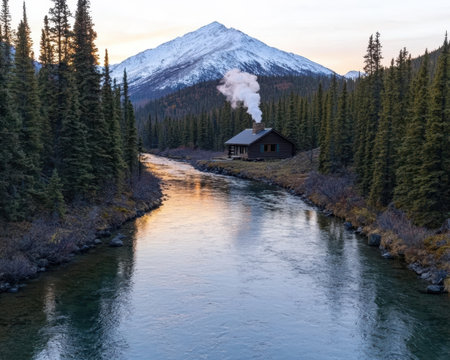 Cozy log cabin by a mountain stream at sunsetの素材