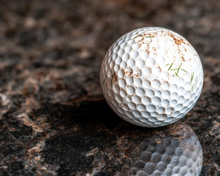 Close-up of a worn golf ball on a rocky surfaceの素材