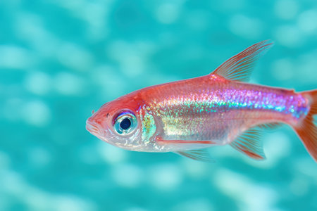 Vibrant tropical fish with iridescent scales swimming in turquoise watersの素材