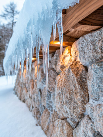 Icicles hanging from a snowy wooden cabinの素材