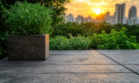 urban garden with wooden planter and city skyline at sunsetの素材
