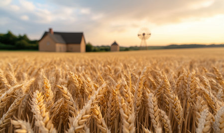 Scenic rural landscape with wheat field and windmill at sunsetの素材