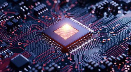 Glowing microchip on circuit boardの素材