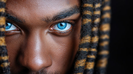 Striking blue eyes of a young person with braided hairの素材