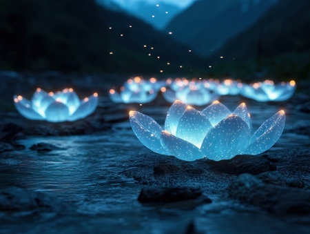 Glowing lotus flowers floating in a serene pond at nightの素材