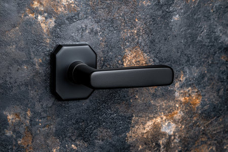 modern black door handle on rustic stone wallの素材