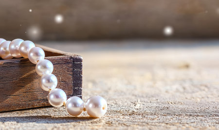Elegant pearl necklace on wooden surfaceの素材