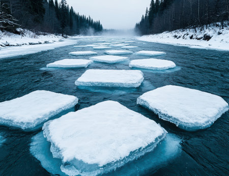 Frozen river with ice floes in snowy forest landscapeの素材