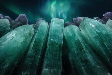 Glowing green crystals under northern lightsの素材