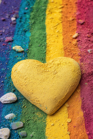 Vibrant heart-shaped powder on colorful backgroundの素材