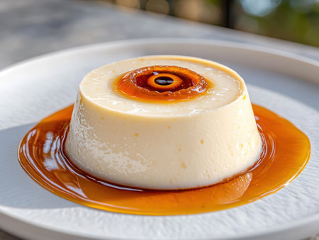 Delicious homemade flan dessert on plateの素材