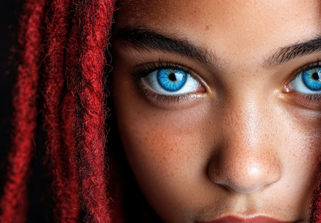 Striking blue eyes of a person with red hairの素材