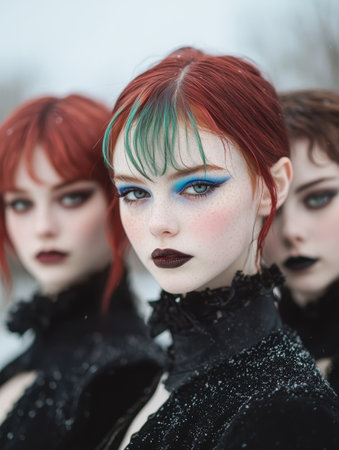 Striking redhead with bold makeup and dramatic expressionの素材