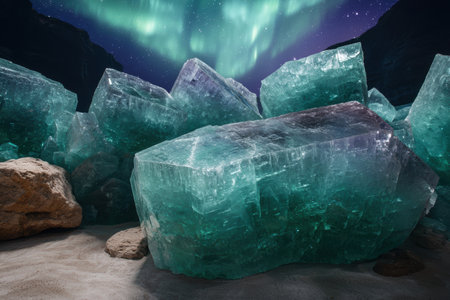 Glowing green crystals under the northern lightsの素材