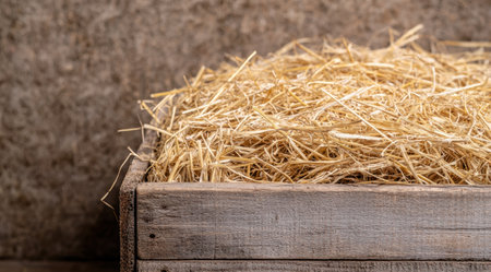 Pile of straw in a wooden crateの素材