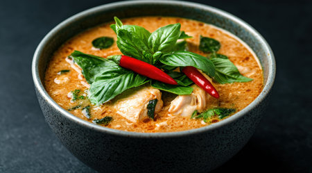 Spicy Thai red curry soup with chicken and fresh basilの素材