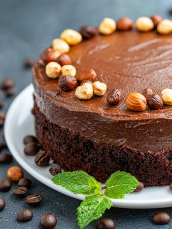 Decadent chocolate cake with nuts and mint leavesの素材