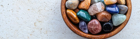 Assortment of colorful natural gemstones on wooden bowlの素材