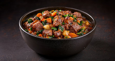 Hearty beef stew with vegetables in a bowlの素材