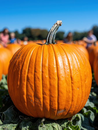 Close-up of a vibrant orange pumpkin in a pumpkin patchの素材