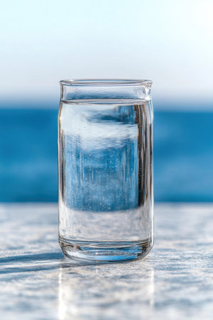 Glass of refreshing water on a reflective surfaceの素材