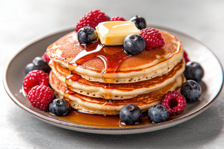 Delicious homemade pancakes with fresh berries and syrupの素材