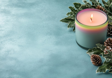 cozy winter candle and holiday greeneryの素材