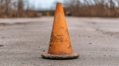 Weathered orange traffic cone on asphaltの素材
