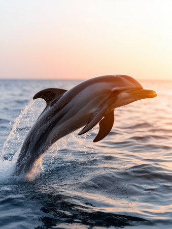 Dolphin leaping out of the ocean at sunsetの素材