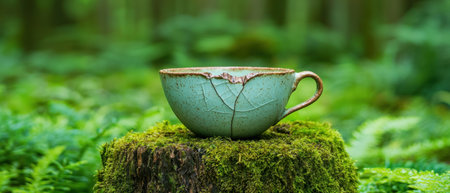 Rustic ceramic cup on moss-covered stump in forestの素材