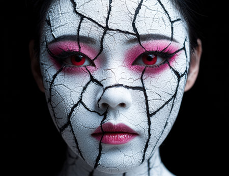 Cracked face with vibrant makeupの素材