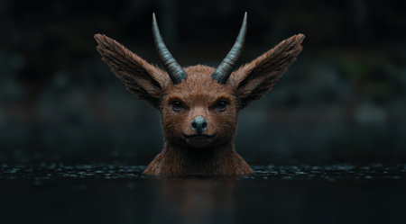 Mysterious creature with horns emerging from dark waterの素材