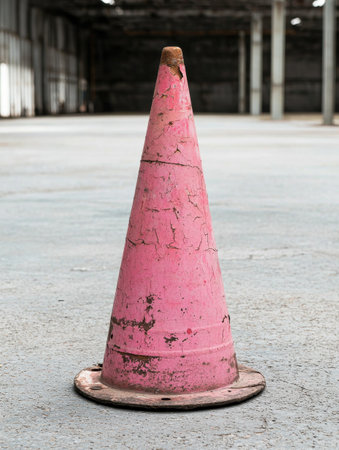 Weathered pink construction cone on concrete floorの素材