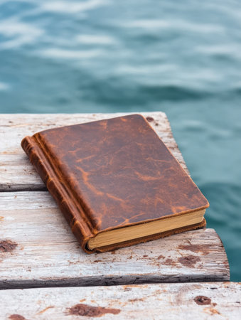 Vintage leather-bound book on wooden dock overlooking calm watersの素材