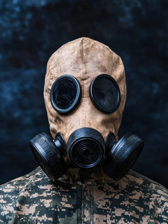 soldier wearing gas mask in camouflage uniformの素材